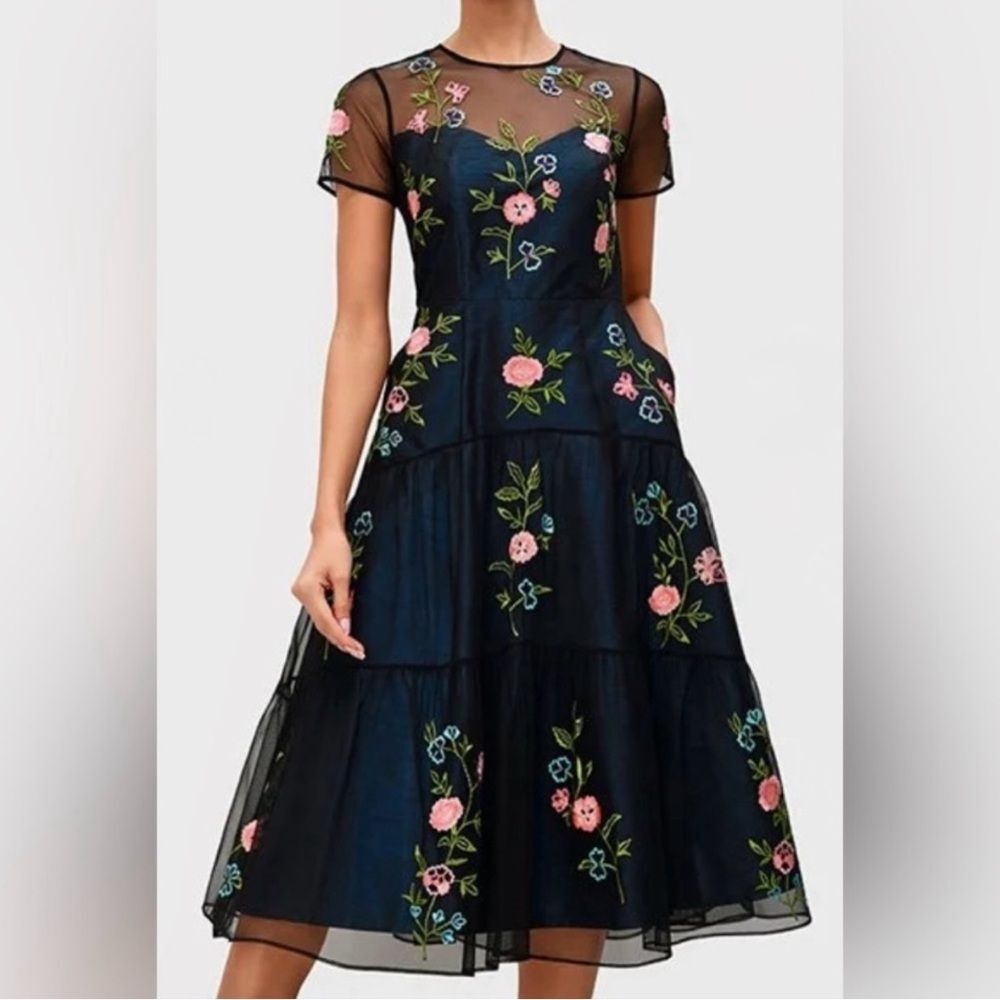 eShakti Floral Embroidery Illusion Tulle and Dupioni Dress Size XL estimated